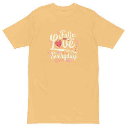 Yellow tee shirt featuring "Fall in Love with You Everyday" graphic design in colorful lettering.