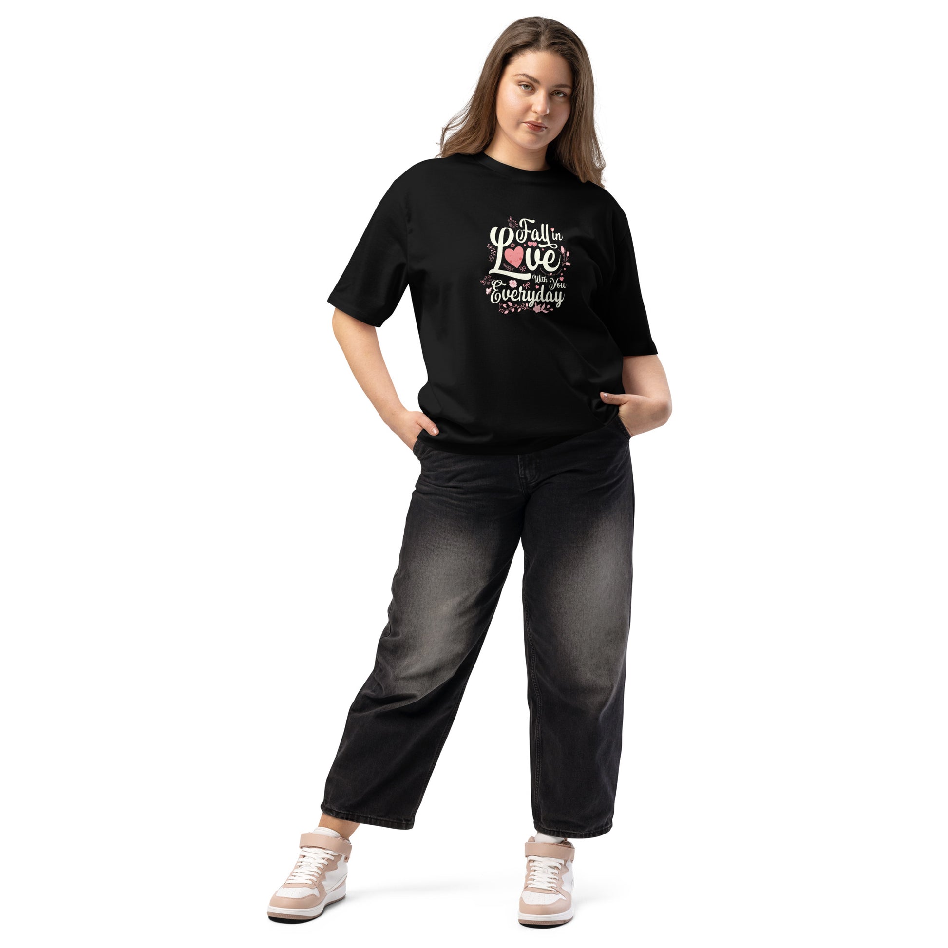 Model wearing the Everyday Love oversized heavyweight t-shirt in black, showcasing relaxed fit and comfortable style.