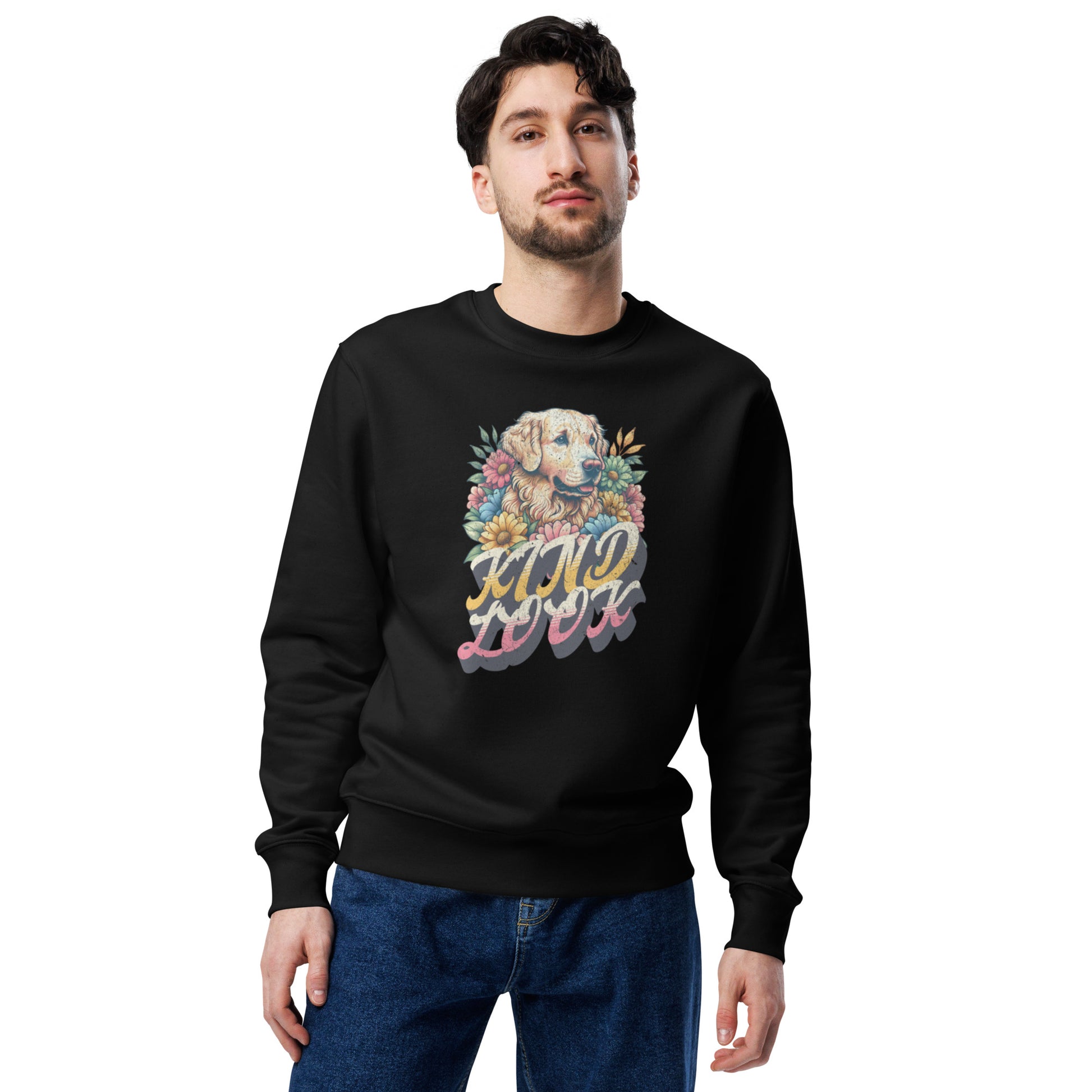 Man wearing a black floral dog design unisex eco sweatshirt, showcasing vibrant flowers and a "Kind Look" message.