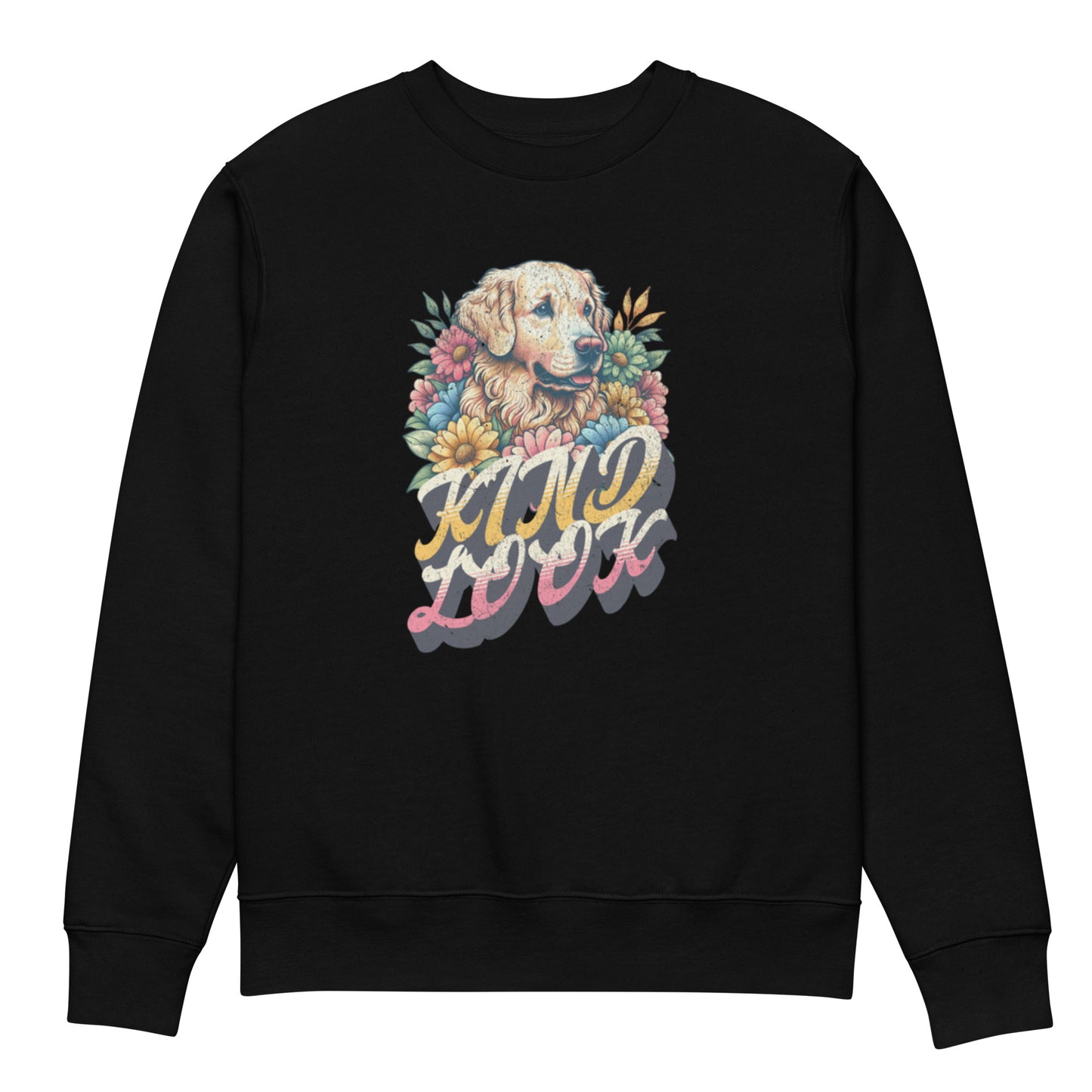 Cozy black eco sweatshirt featuring a dog surrounded by flowers and the phrase "Kind Look," perfect for dog lovers.