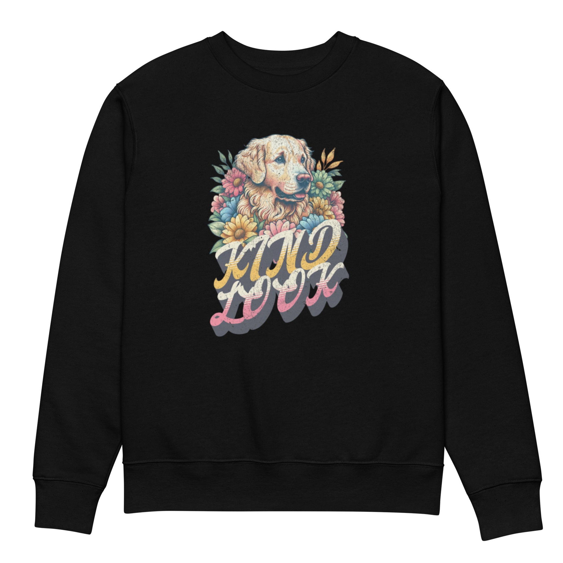 Cozy black eco sweatshirt featuring a dog surrounded by flowers and the phrase "Kind Look," perfect for dog lovers.