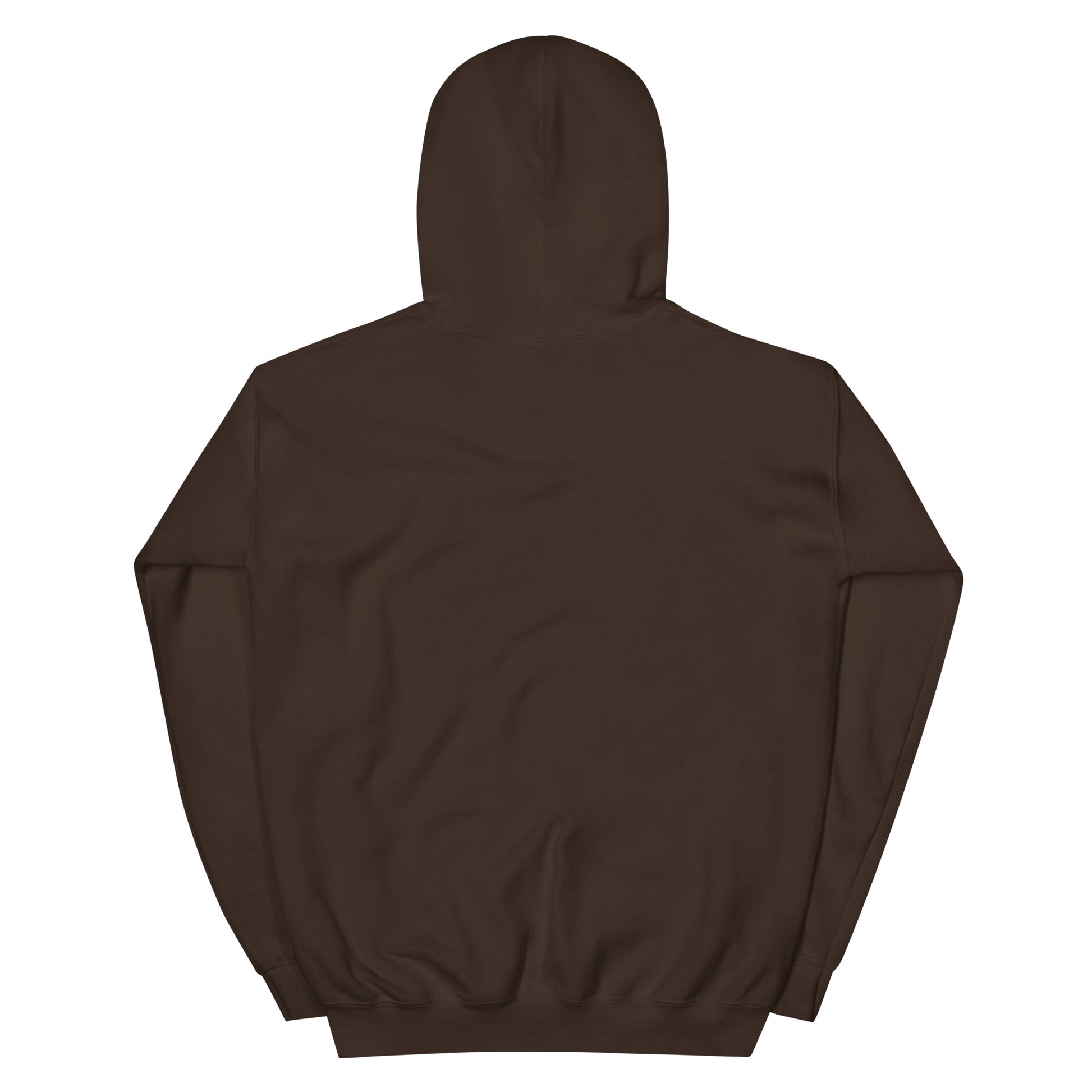 Back view of Timeless Companionship unisex hoodie in dark brown with double-lined hood and matching drawcord.