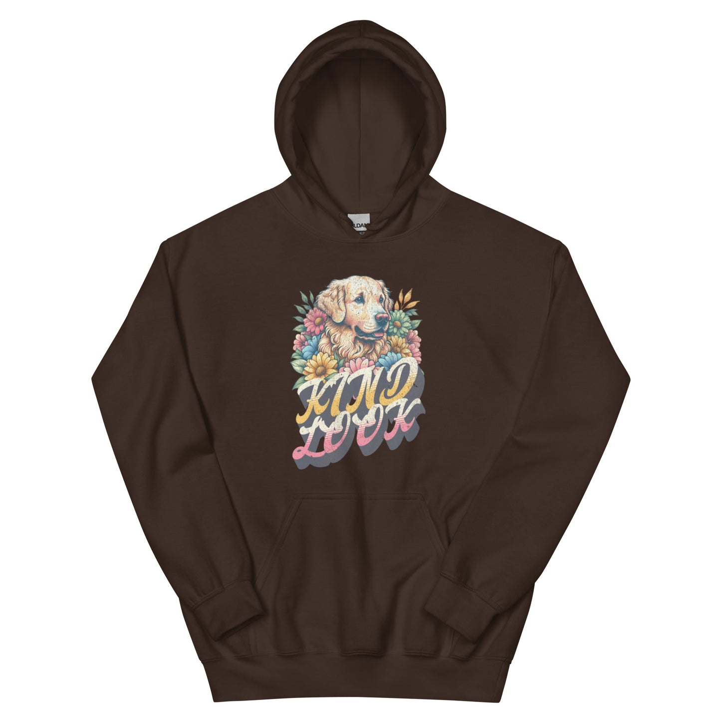Unisex brown hoodie featuring a dog illustration with floral accents and the words "Kind Look" for pet lovers.