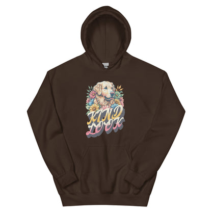 Unisex brown hoodie featuring a dog illustration with floral accents and the words "Kind Look" for pet lovers.