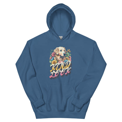 Blue unisex hoodie with a floral design featuring a dog and the phrase "Kind Look," celebrating pet companionship.