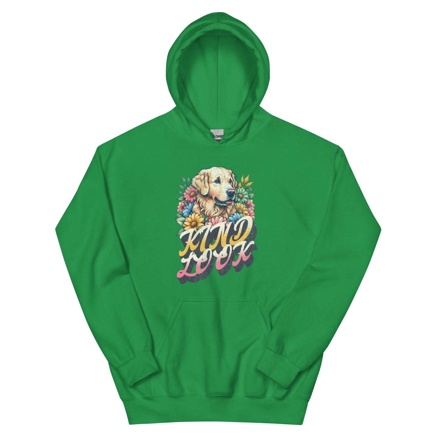 Timeless unisex green hoodie featuring a dog illustration and floral design, celebrating the bond with pets.