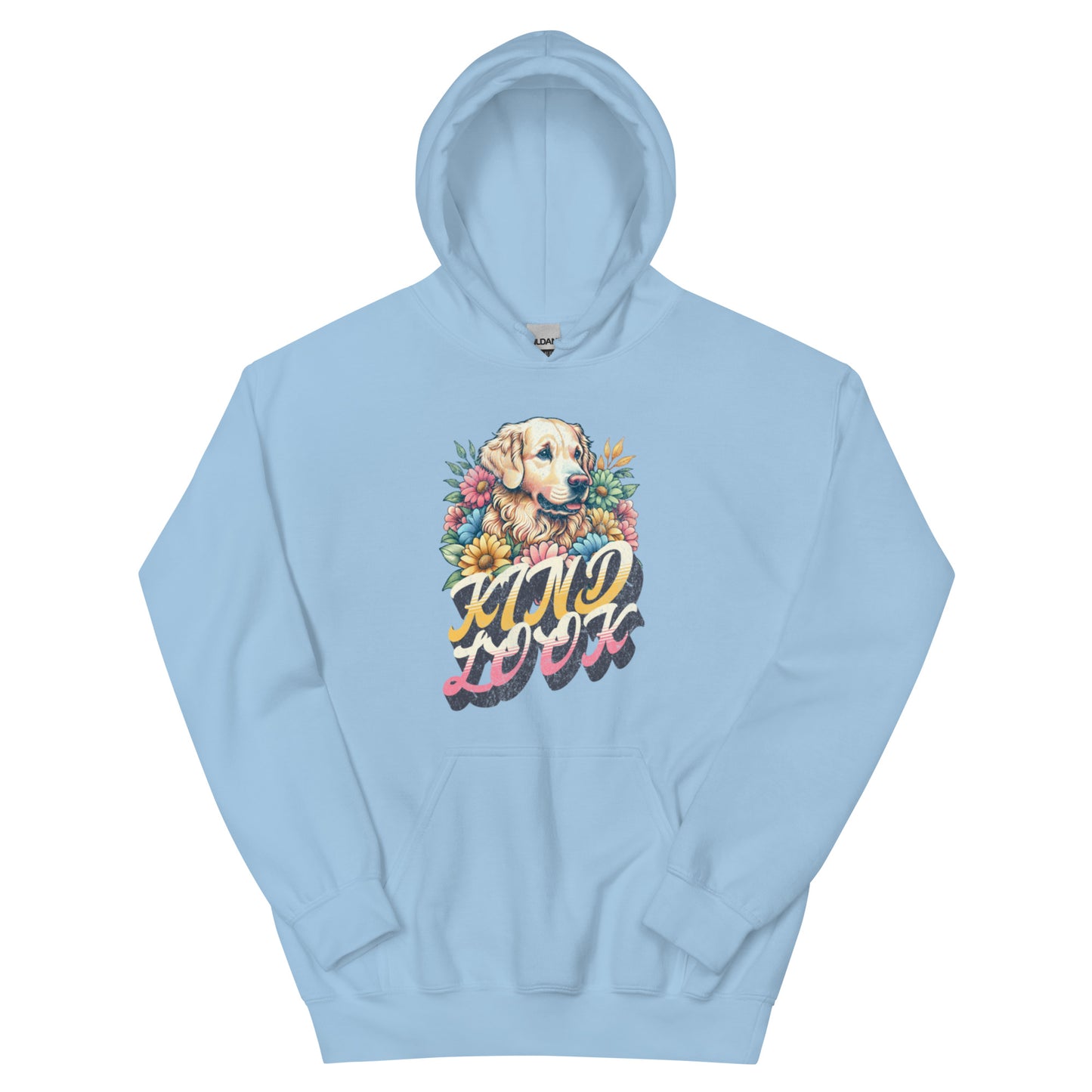 Timeless unisex hoodie in light blue featuring a cute dog illustration and floral design with "Kind Look" text.