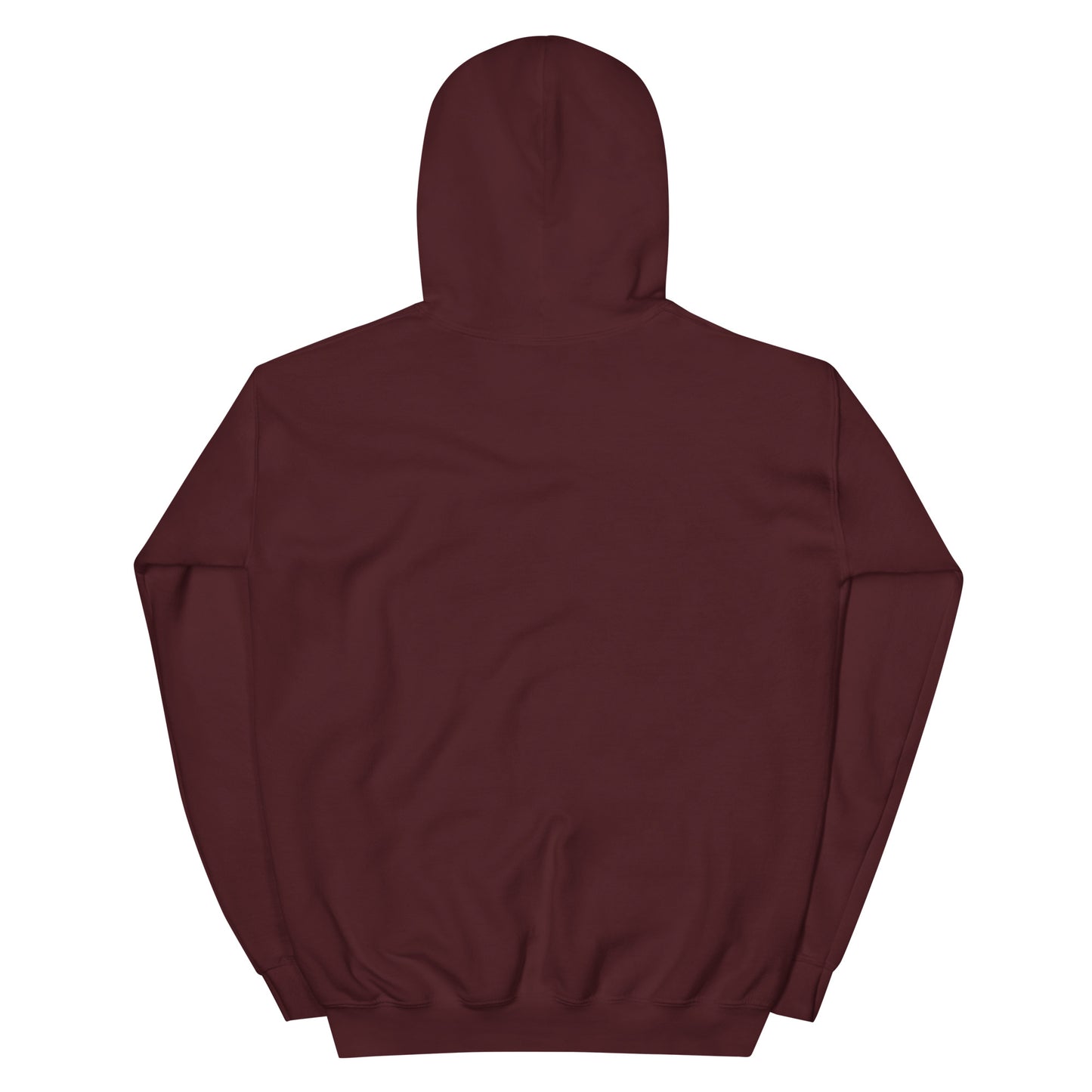 Back view of a maroon unisex hoodie featuring a double-lined hood and soft fabric design.