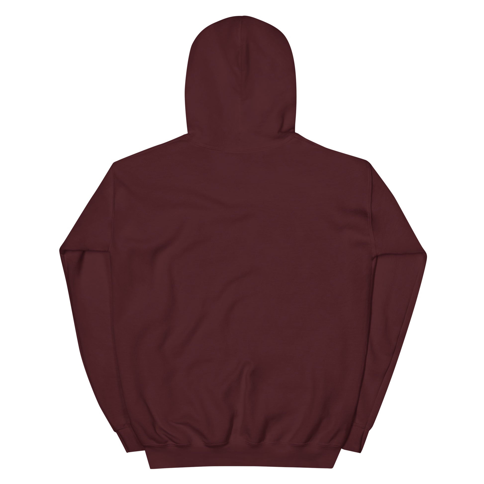Back view of a maroon unisex hoodie featuring a double-lined hood and soft fabric design.