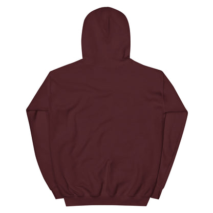 Back view of a maroon unisex hoodie featuring a double-lined hood and soft fabric design.