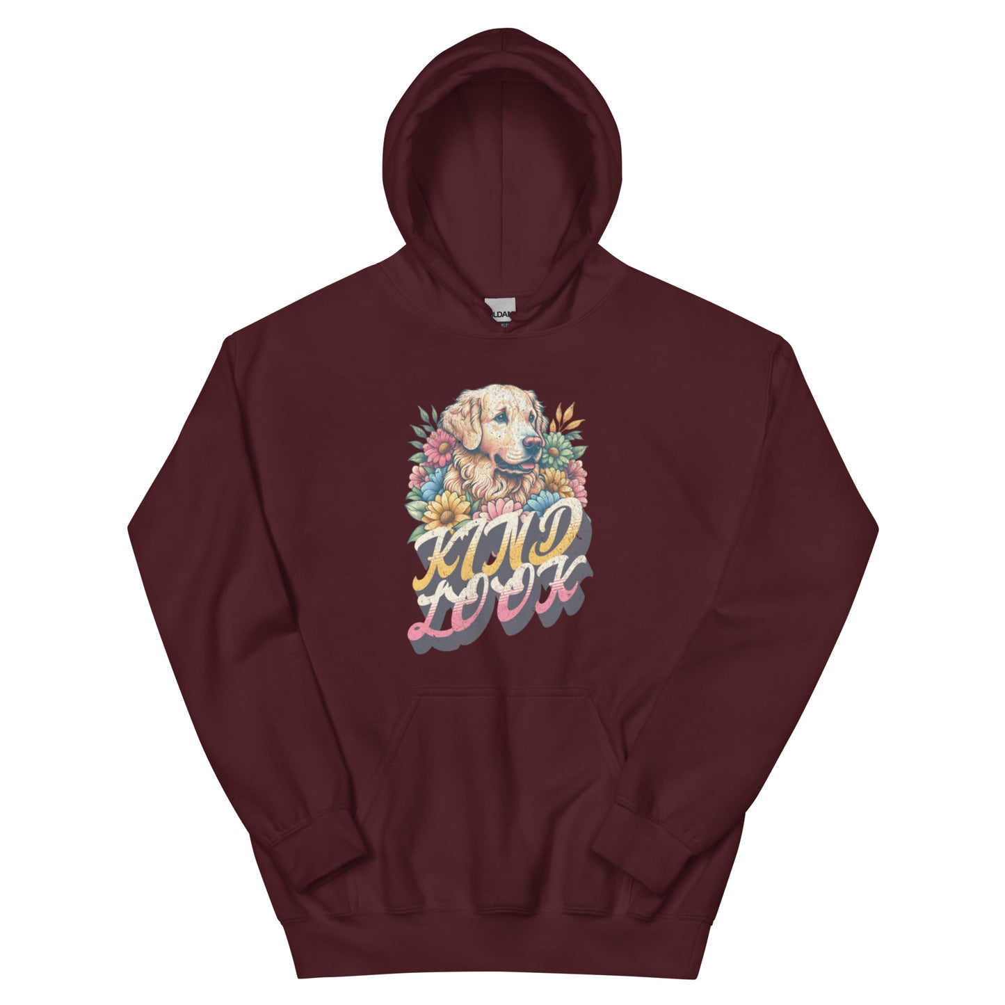 Unisex maroon hoodie featuring a floral design and a charming dog illustration with the text "Kind Look."