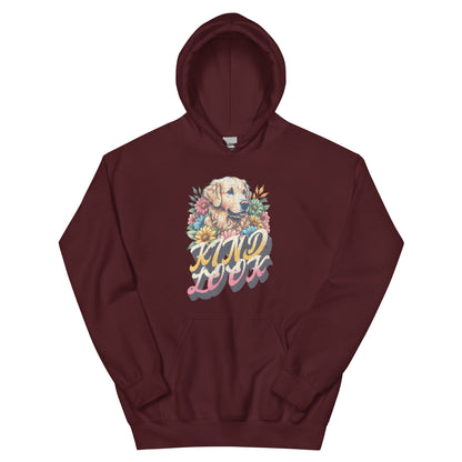 Unisex maroon hoodie featuring a floral design and a charming dog illustration with the text "Kind Look."