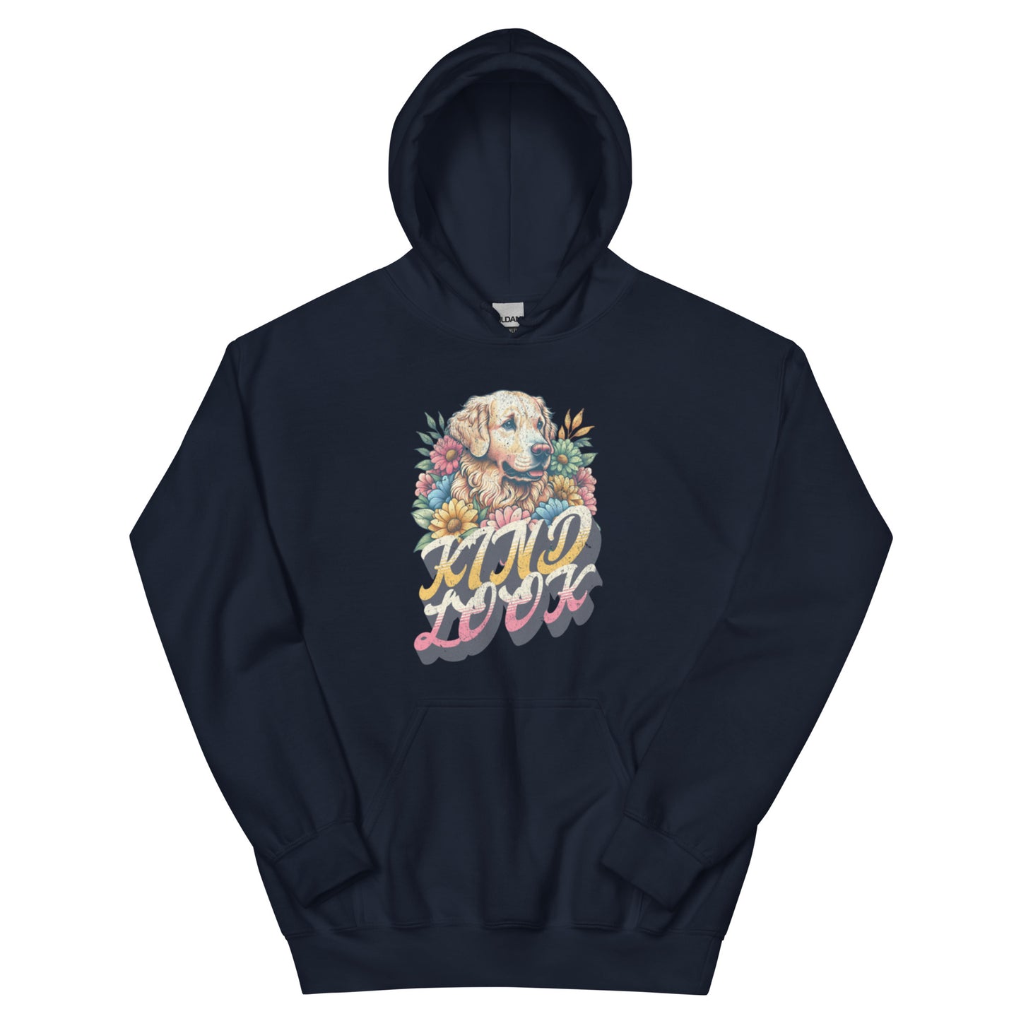 Unisex hoodie featuring a floral design and a dog illustration with the text "Kind Look," celebrating pet companionship.