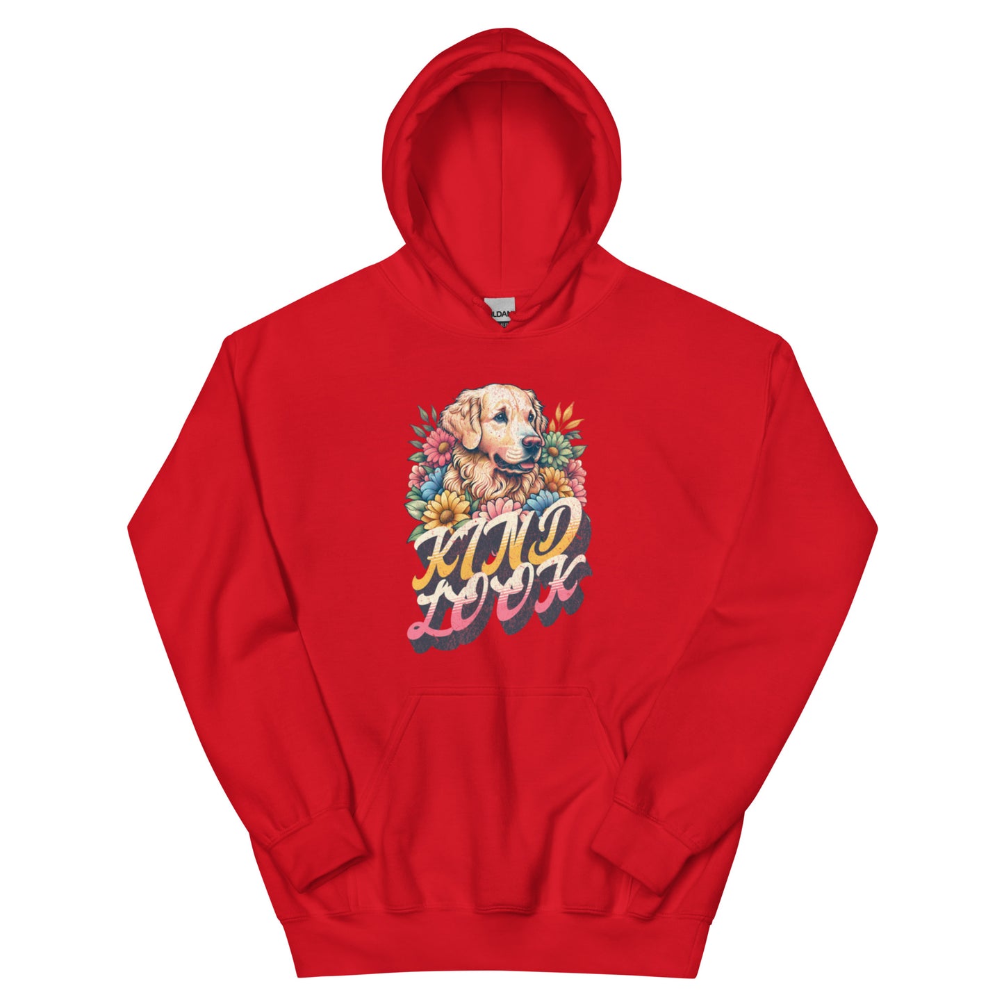 Timeless Companionship unisex hoodie with a retro floral design and puppy illustration in vibrant red.