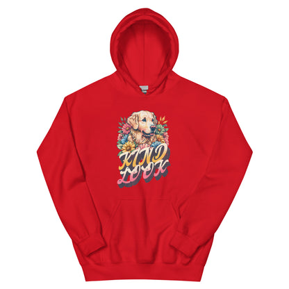 Timeless Companionship unisex hoodie with a retro floral design and puppy illustration in vibrant red.