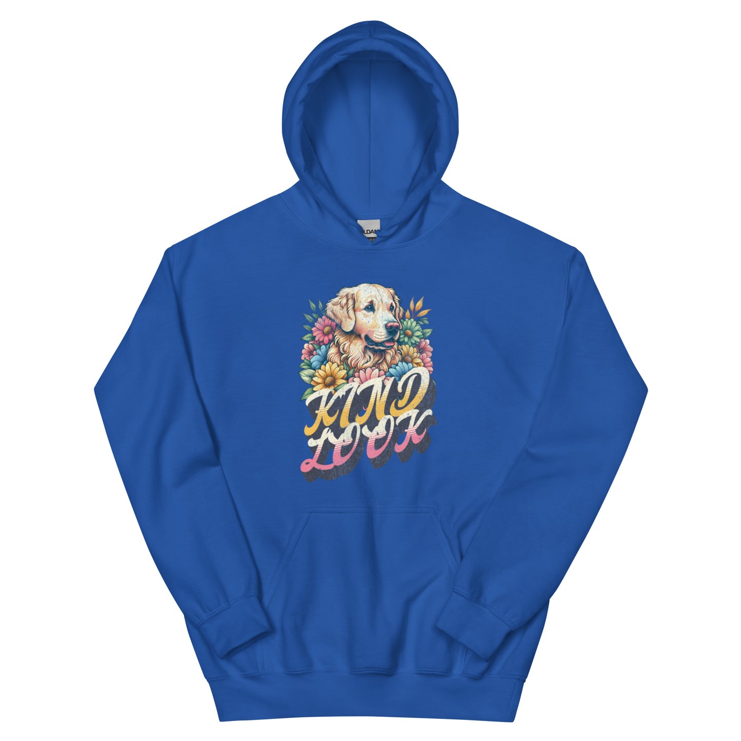 Unisex blue hoodie featuring a charming dog graphic and floral design, celebrating the bond with pets.