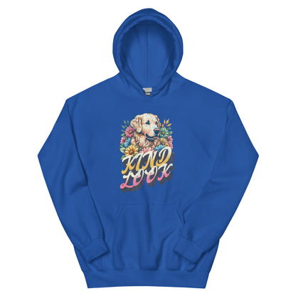 Unisex blue hoodie featuring a charming dog graphic and floral design, celebrating the bond with pets.