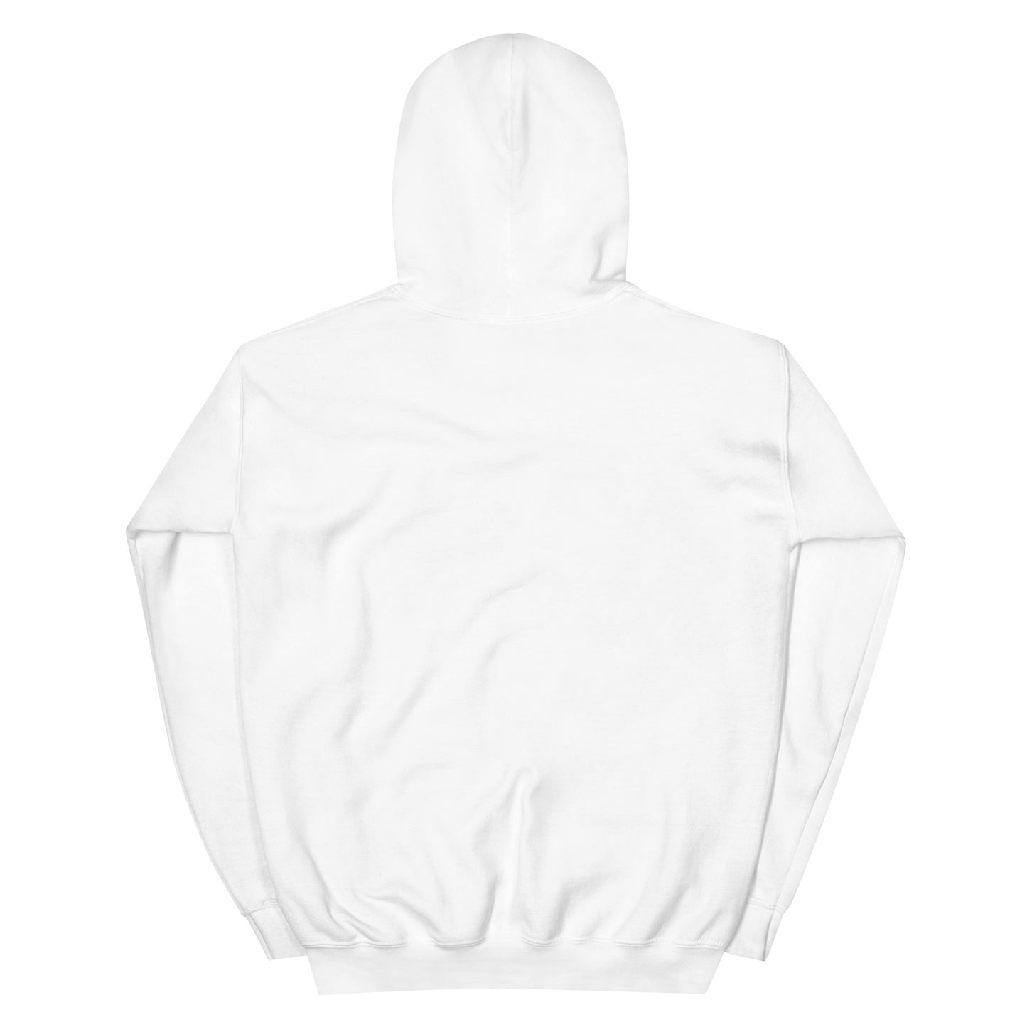 Back view of a white unisex hoodie with a double-lined hood, showcasing soft, pre-shrunk fabric.