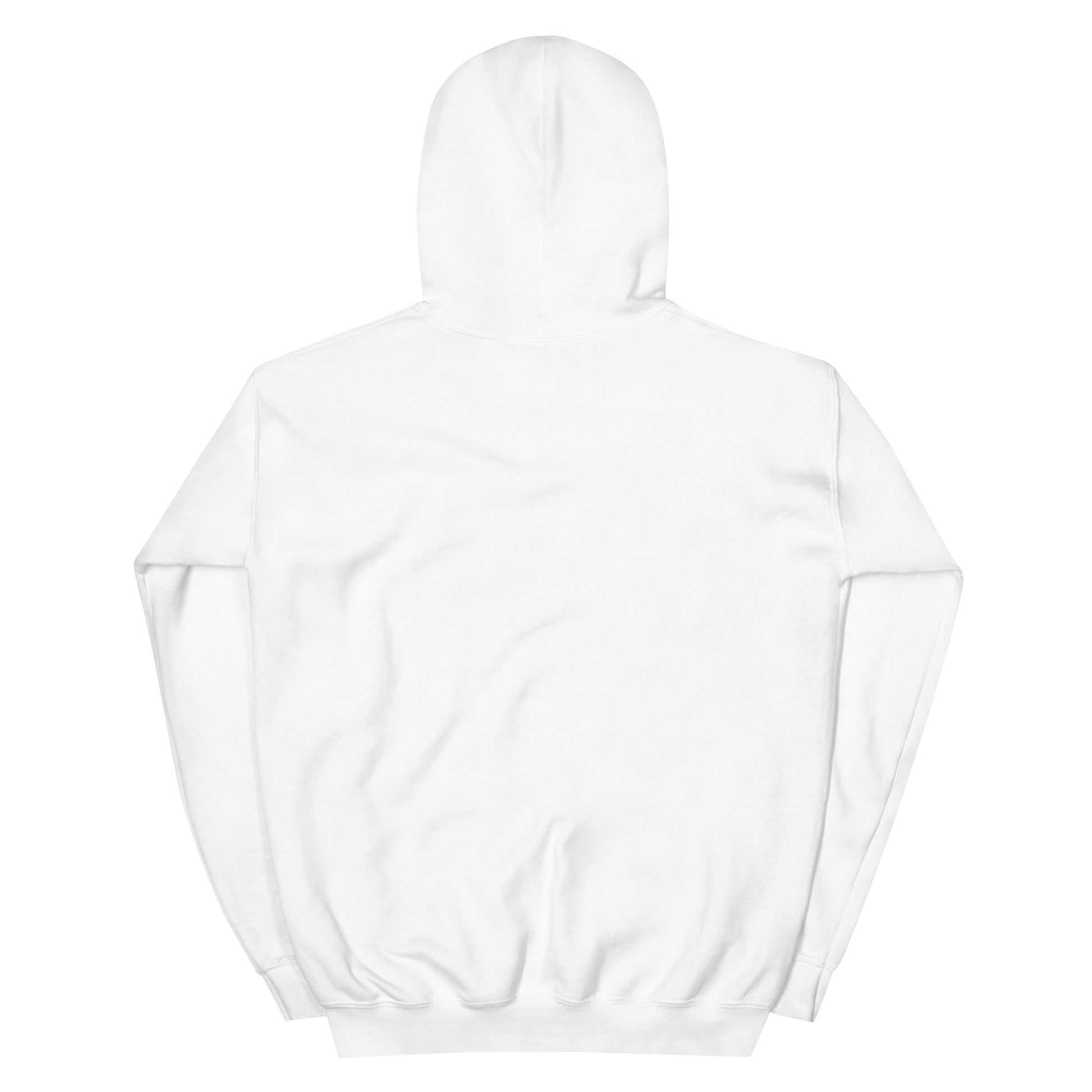 Back view of a white unisex hoodie with a double-lined hood, showcasing soft, pre-shrunk fabric.
