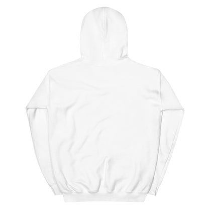 Back view of a white unisex hoodie with a double-lined hood, showcasing soft, pre-shrunk fabric.