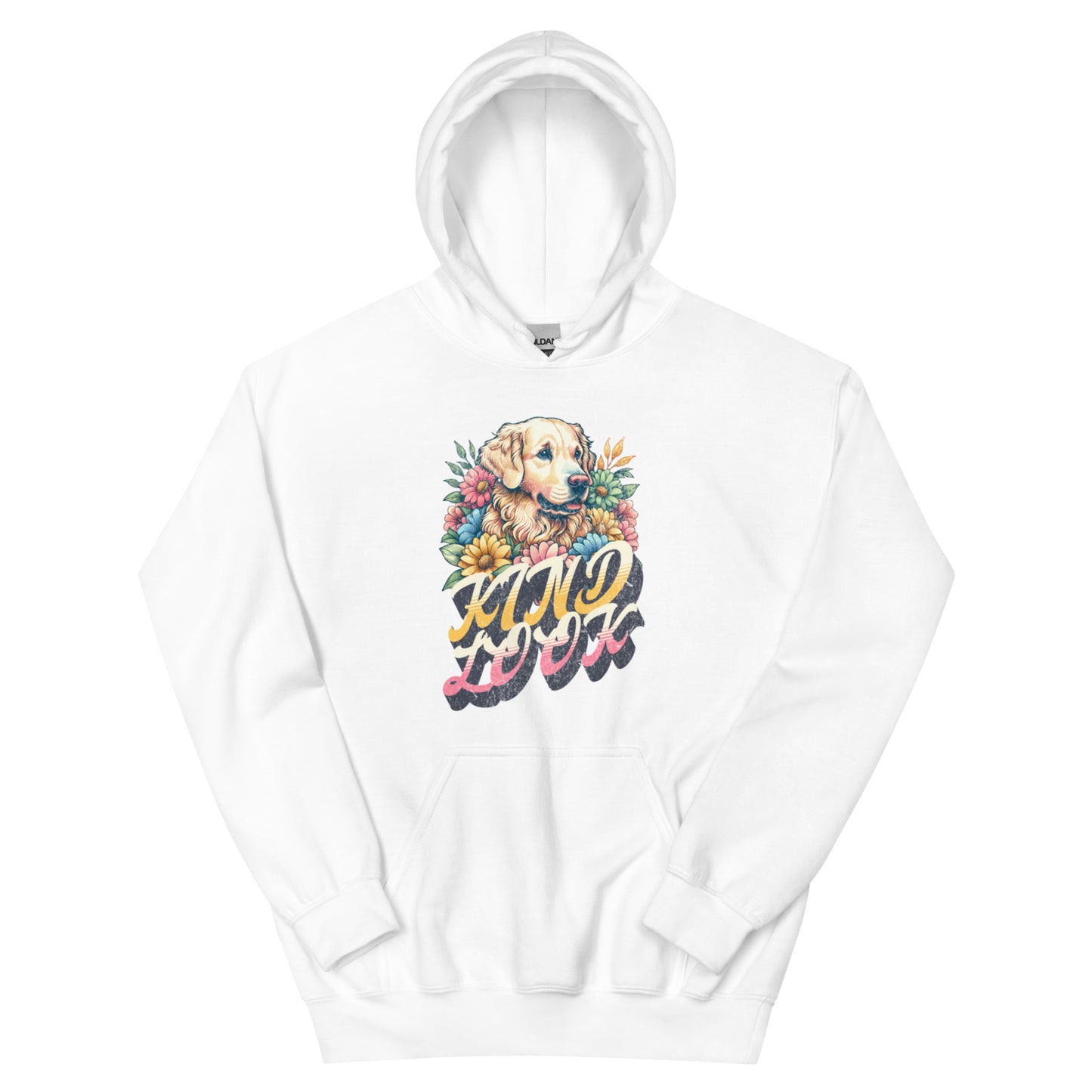White unisex hoodie featuring a cute dog illustration and colorful floral design, celebrating human-pet companionship.