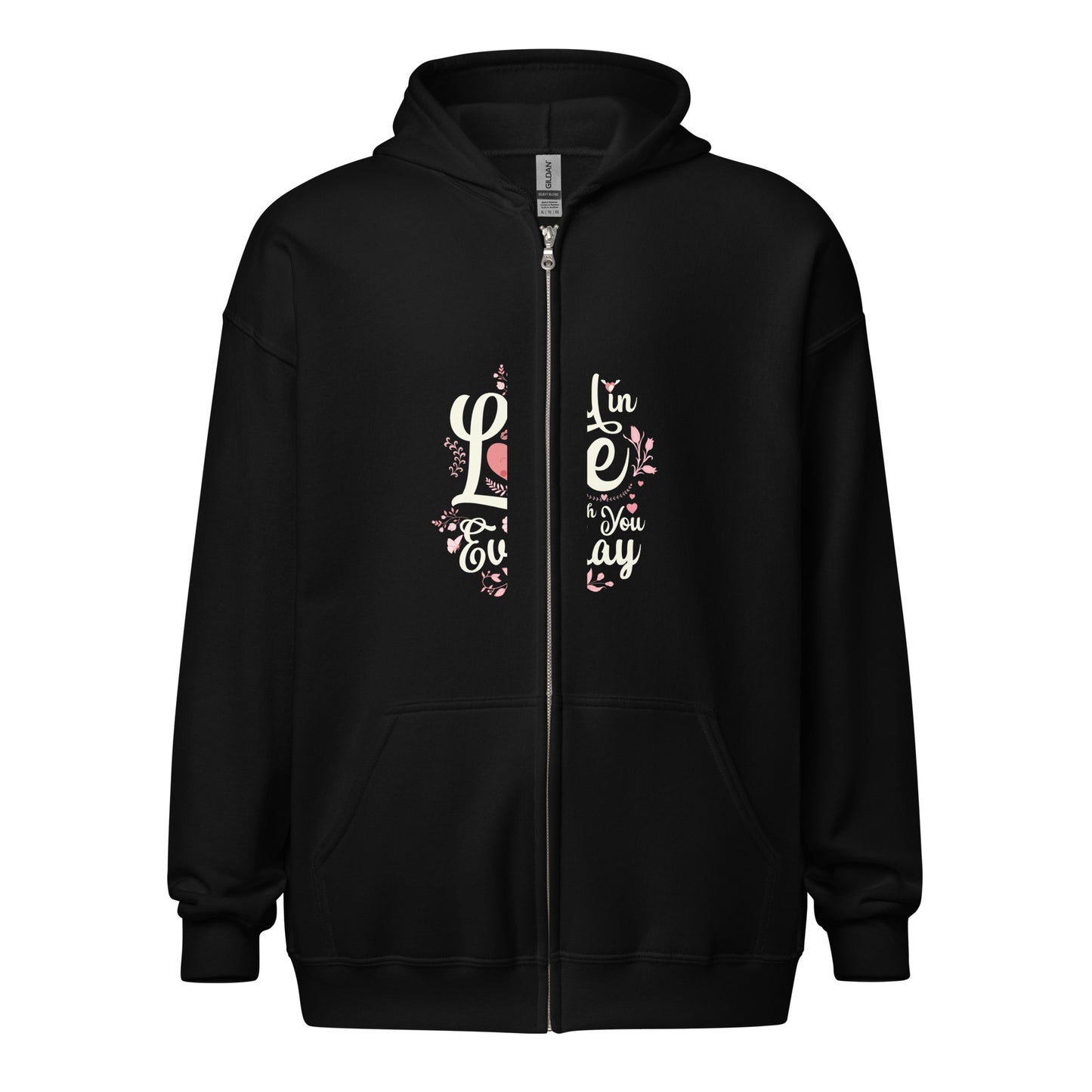 Unisex heavy blend zip hoodie in black featuring a vintage dog design and blooming flowers, perfect for warmth and style.