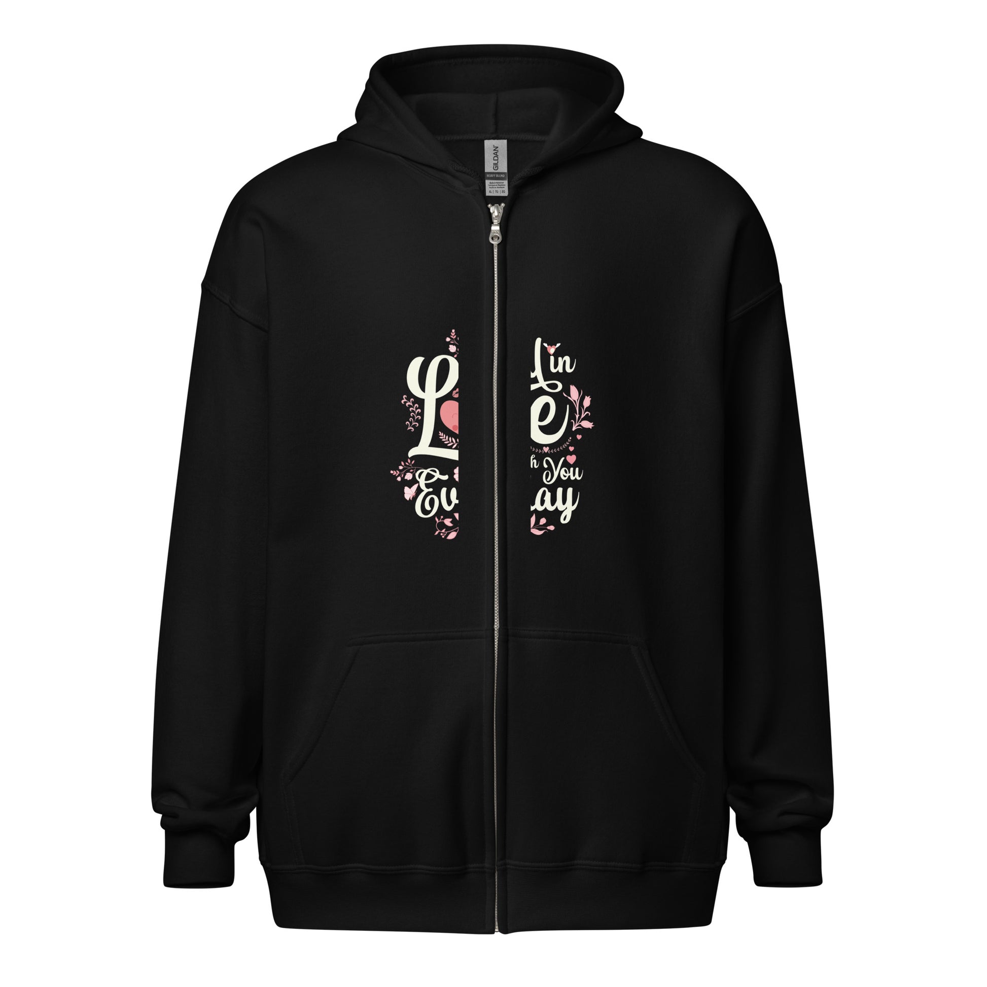 Unisex heavy blend zip hoodie in black featuring a vintage dog design and blooming flowers, perfect for warmth and style.