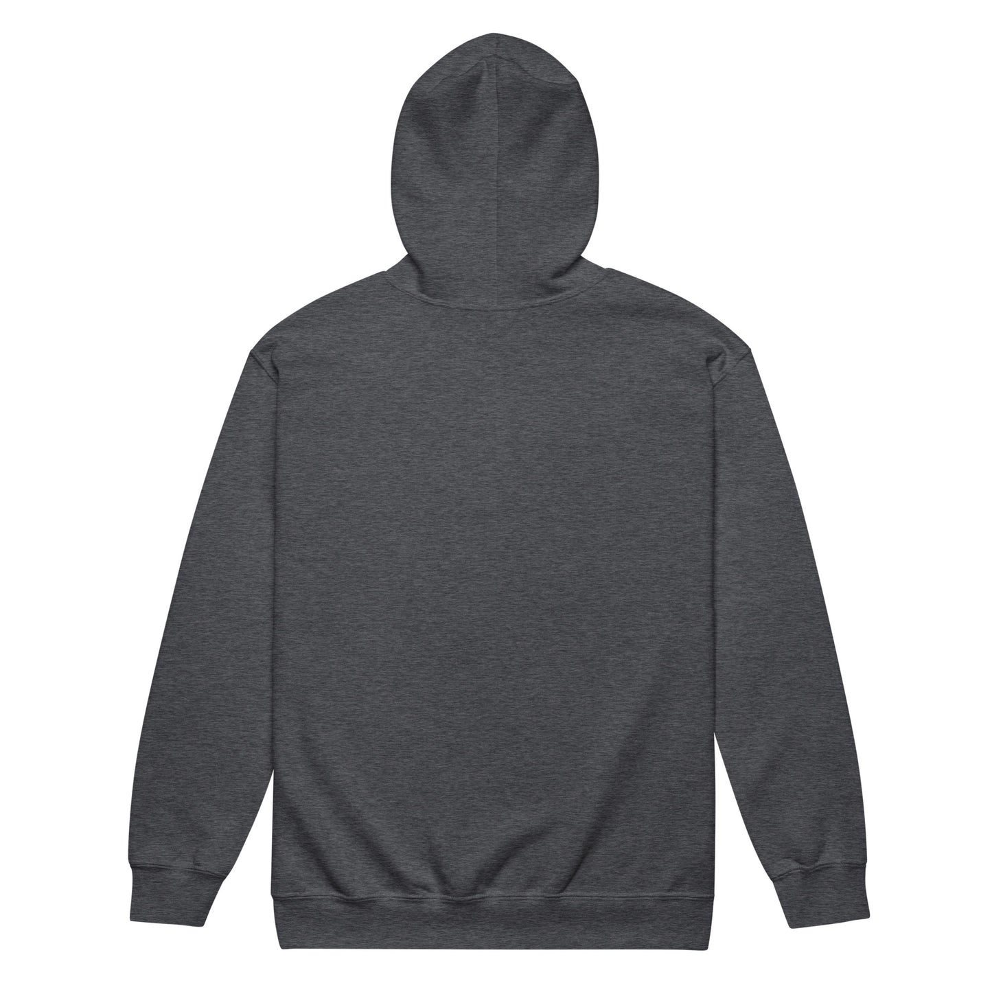 Back view of unisex heavy blend zip hoodie in charcoal gray, featuring a spacious hood and comfortable fit.