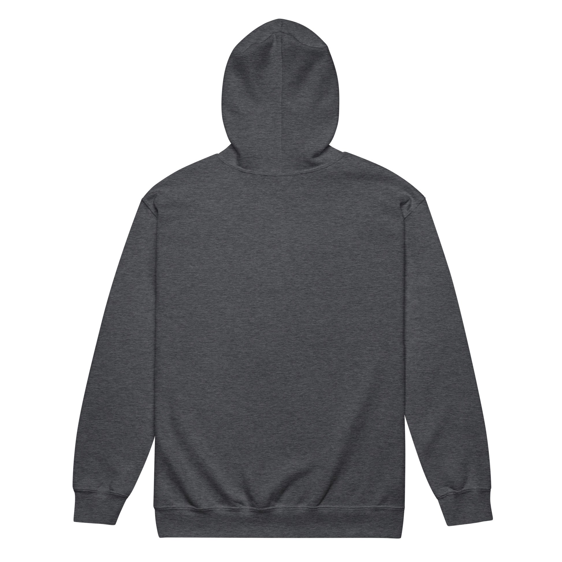 Back view of unisex heavy blend zip hoodie in charcoal gray, featuring a spacious hood and comfortable fit.