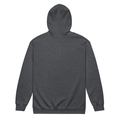 Back view of unisex heavy blend zip hoodie in charcoal gray, featuring a spacious hood and comfortable fit.