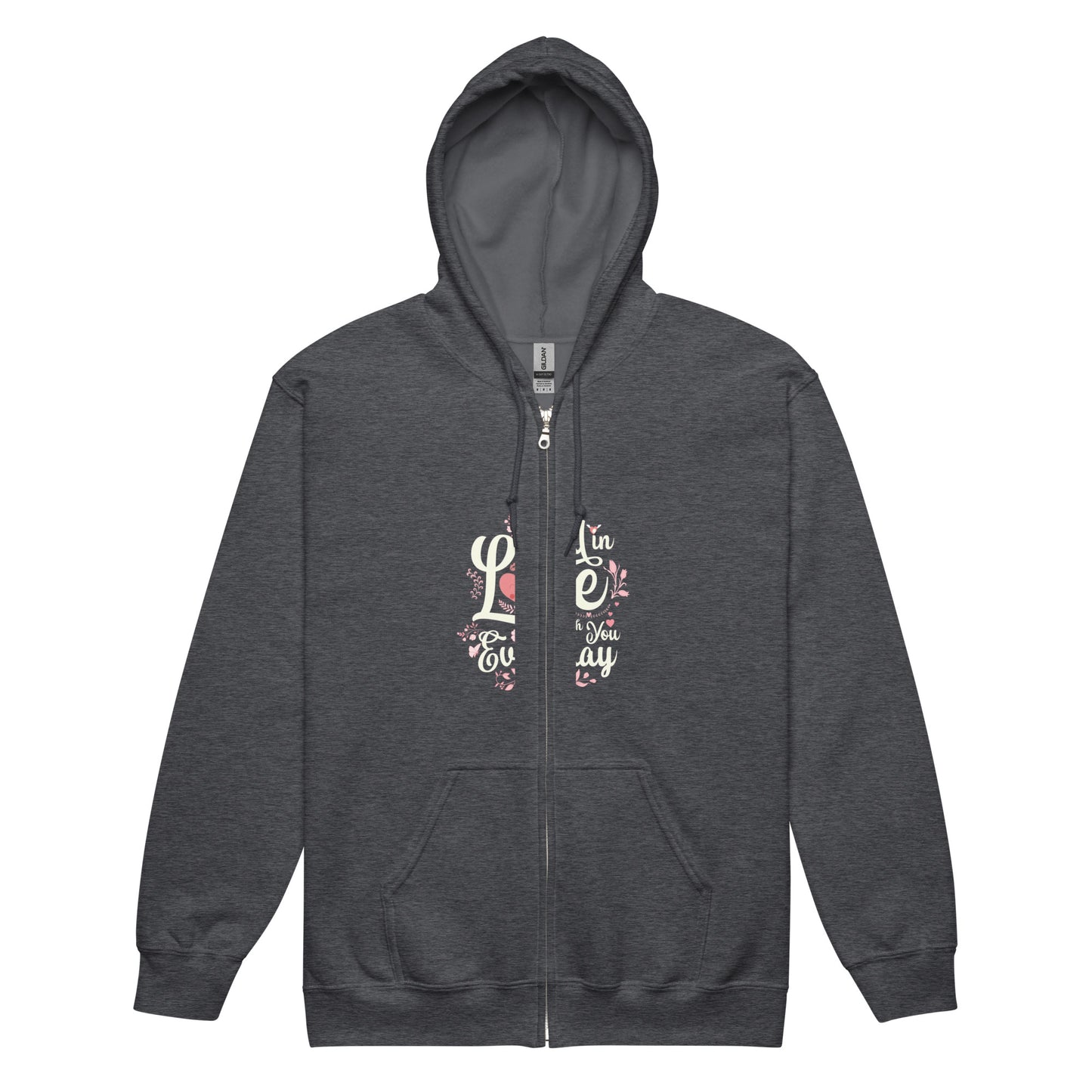 Unisex heavy blend floral dog design zip hoodie in charcoal gray, featuring front pouch pockets and soft fleece fabric.