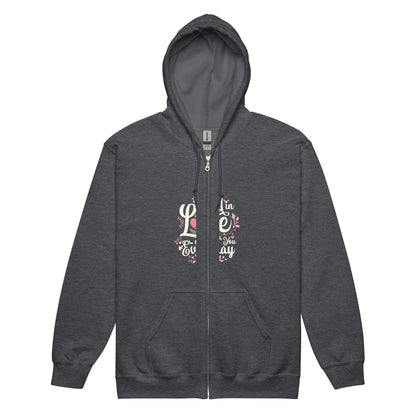 Unisex heavy blend floral dog design zip hoodie in charcoal gray, featuring front pouch pockets and soft fleece fabric.