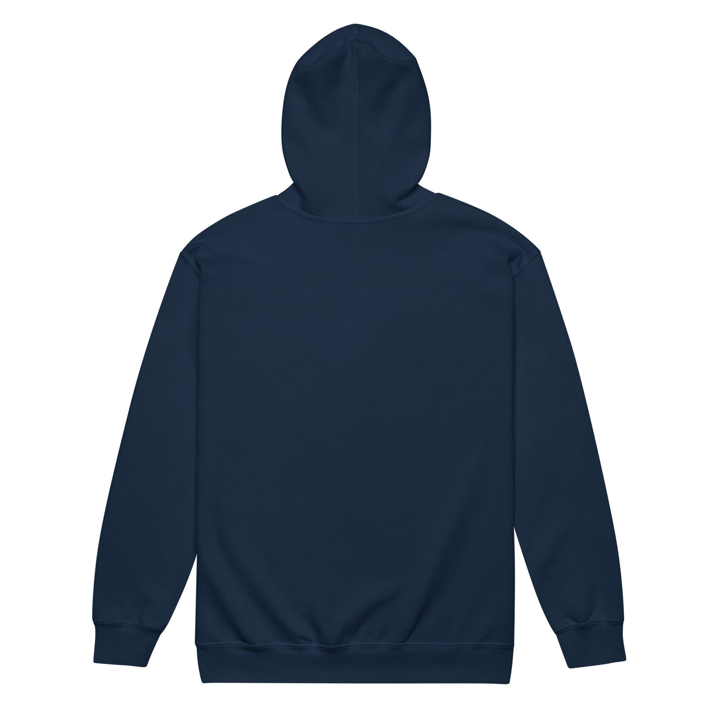 Back view of unisex heavy blend zip hoodie in navy blue, featuring a comfortable design with a soft fleece interior.