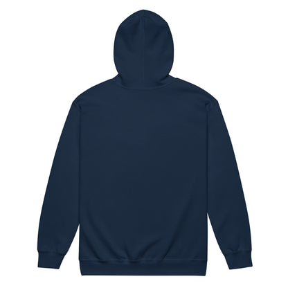 Back view of unisex heavy blend zip hoodie in navy blue, featuring a comfortable design with a soft fleece interior.