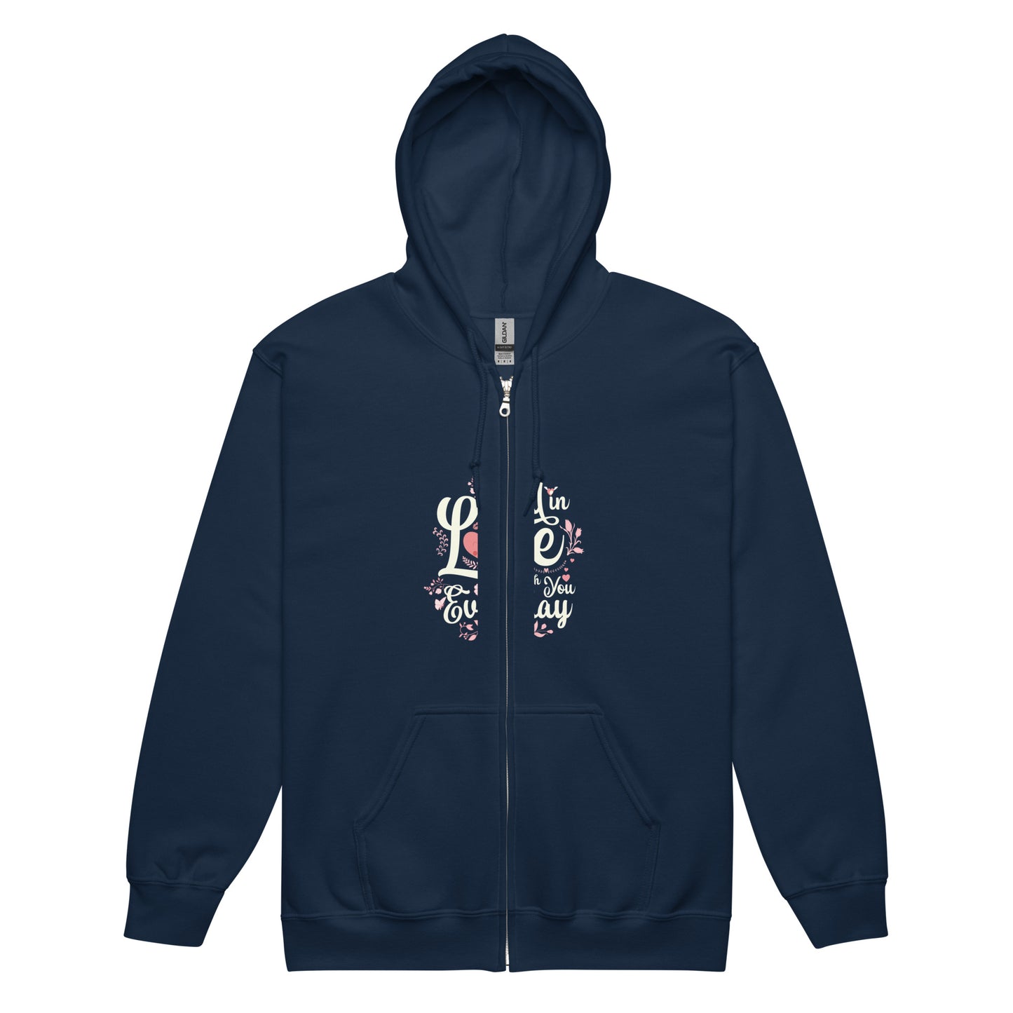 Navy blue unisex heavy blend zip hoodie featuring a vintage dog design surrounded by flowers. Soft fleece and metal zipper included.