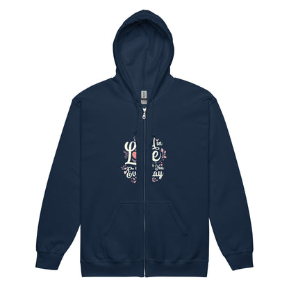Navy blue unisex heavy blend zip hoodie featuring a vintage dog design surrounded by flowers. Soft fleece and metal zipper included.