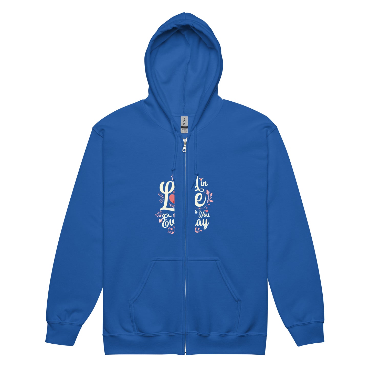 Unisex heavy blend zip hoodie in blue with a vintage floral dog design, featuring a front pouch pocket and unlined hood.