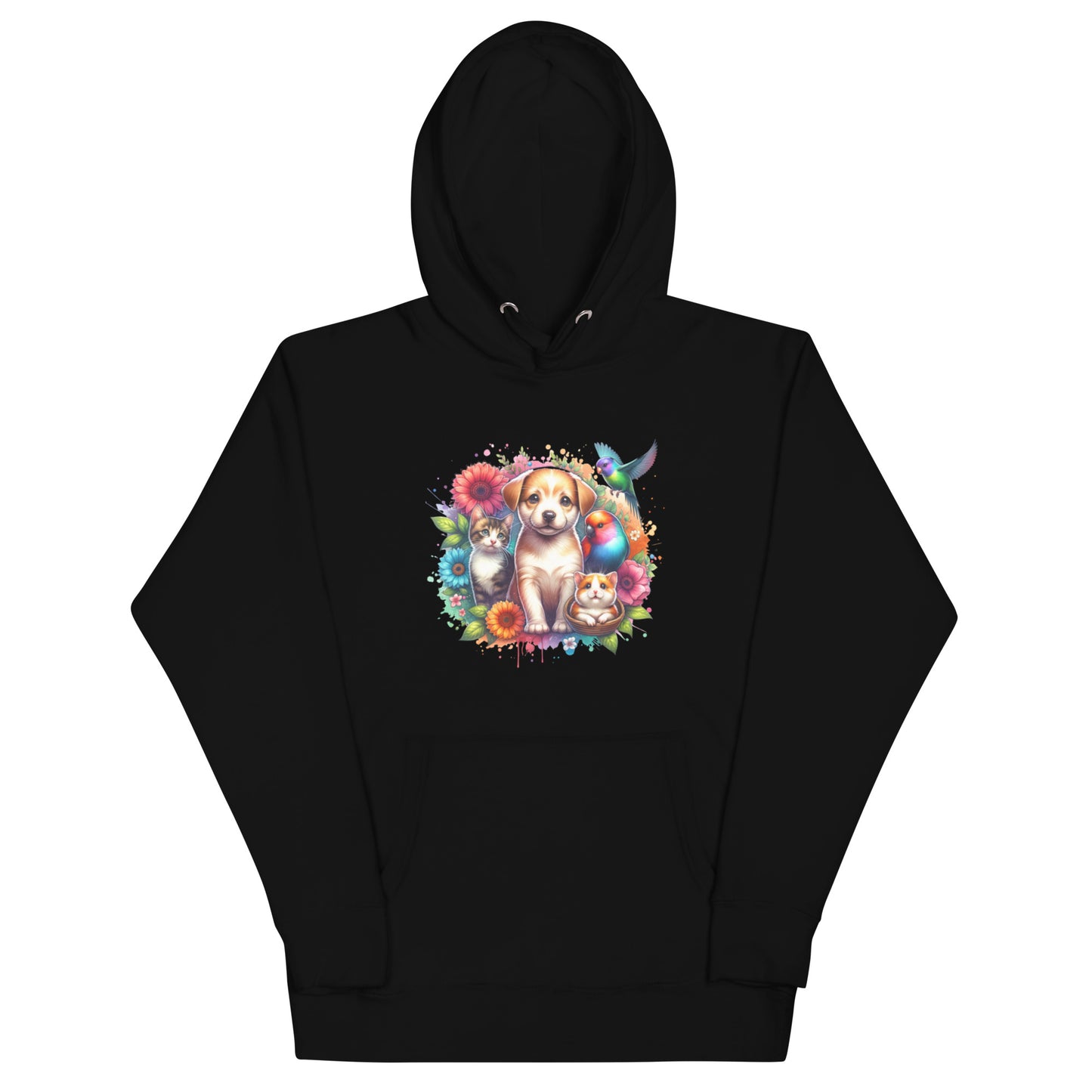 Poppy & Pals unisex hoodie featuring a charming dog, cat, and colorful flowers on a black background.
