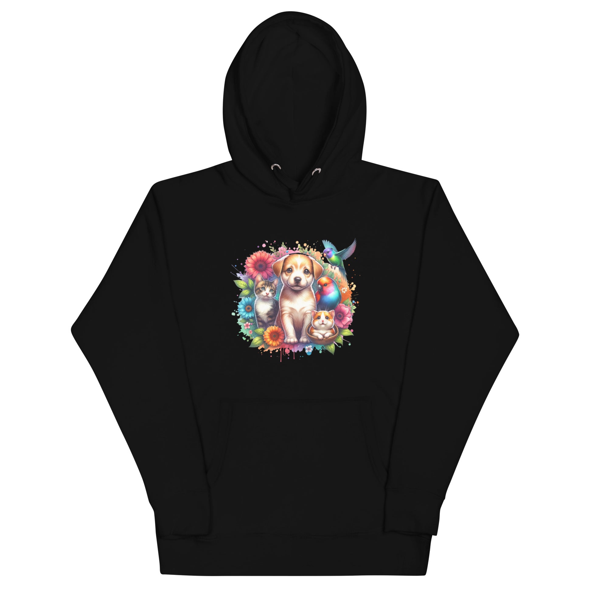 Poppy & Pals unisex hoodie featuring a charming dog, cat, and colorful flowers on a black background.