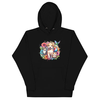 Poppy & Pals unisex hoodie featuring a charming dog, cat, and colorful flowers on a black background.