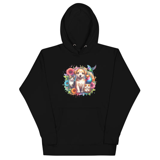 Poppy & Pals unisex hoodie featuring a charming dog, cat, and colorful flowers on a black background.