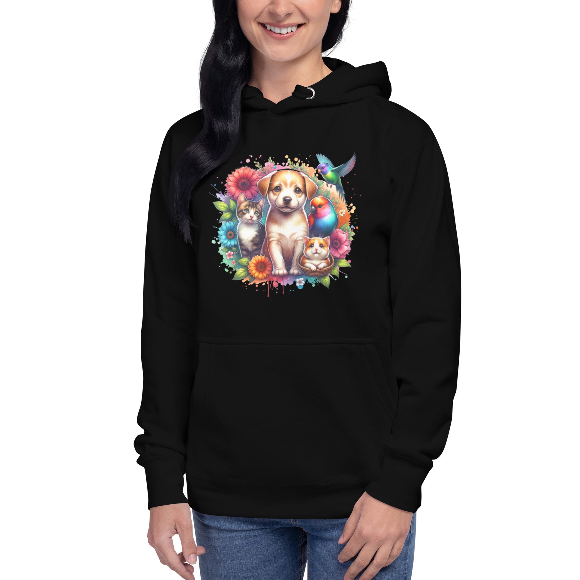 Poppy & Pals unisex hoodie featuring adorable animals and vibrant floral design, perfect for cozy styling.