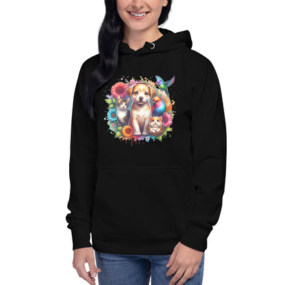 Poppy & Pals unisex hoodie featuring adorable animals and vibrant floral design, perfect for cozy styling.