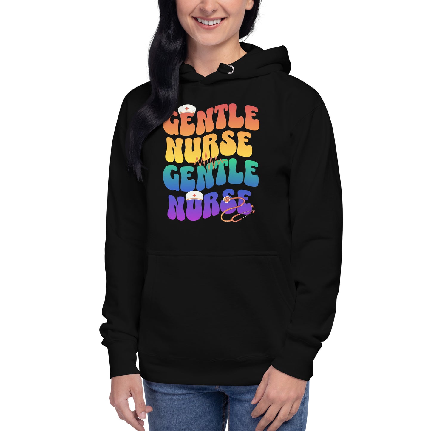 Gentle Nurse unisex hoodie in black featuring colorful text design, perfect for nursing professionals.