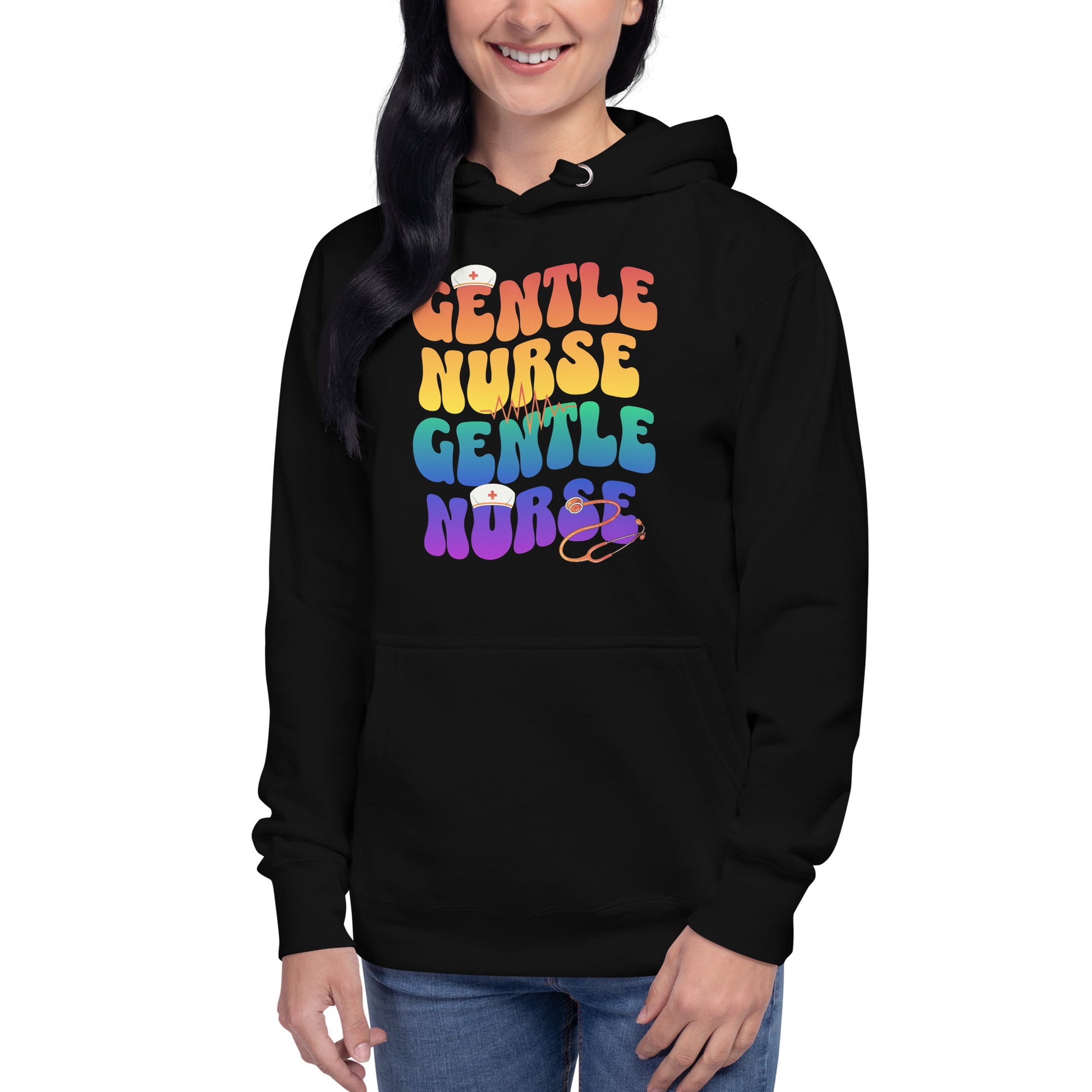 Gentle Nurse unisex hoodie in black featuring colorful text design, perfect for nursing professionals.