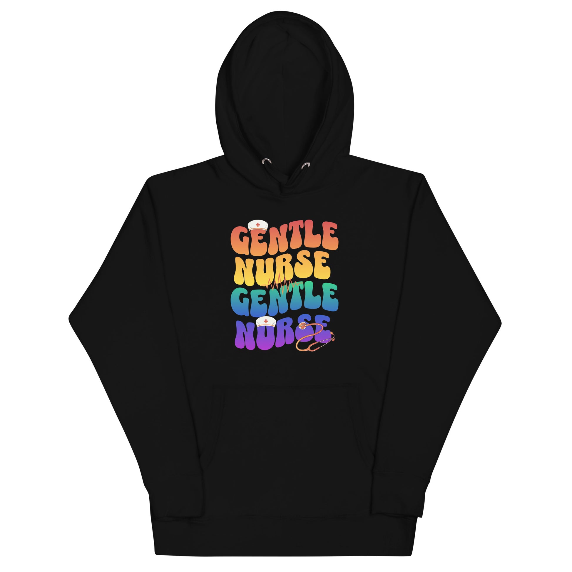 Gentle Nurse unisex hoodie in black with colorful text design celebrating compassion in nursing profession.