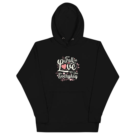 Black unisex hoodie featuring the phrase "Fall in Love Every Day" with floral accents, perfect for everyday wear.