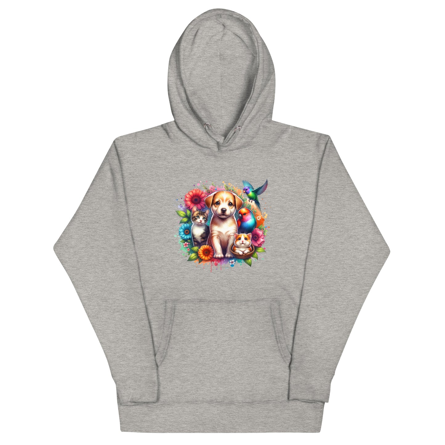 Cozy unisex hoodie featuring an adorable dog and colorful floral design, perfect for animal lovers.