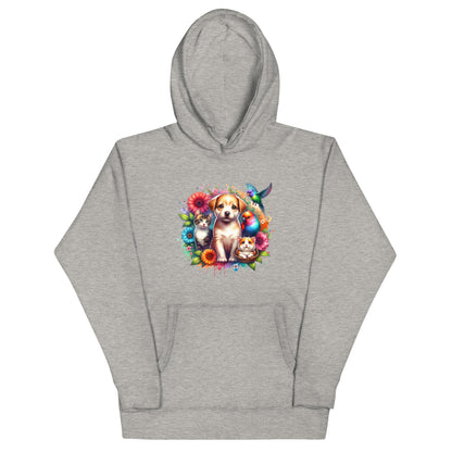 Cozy unisex hoodie featuring an adorable dog and colorful floral design, perfect for animal lovers.