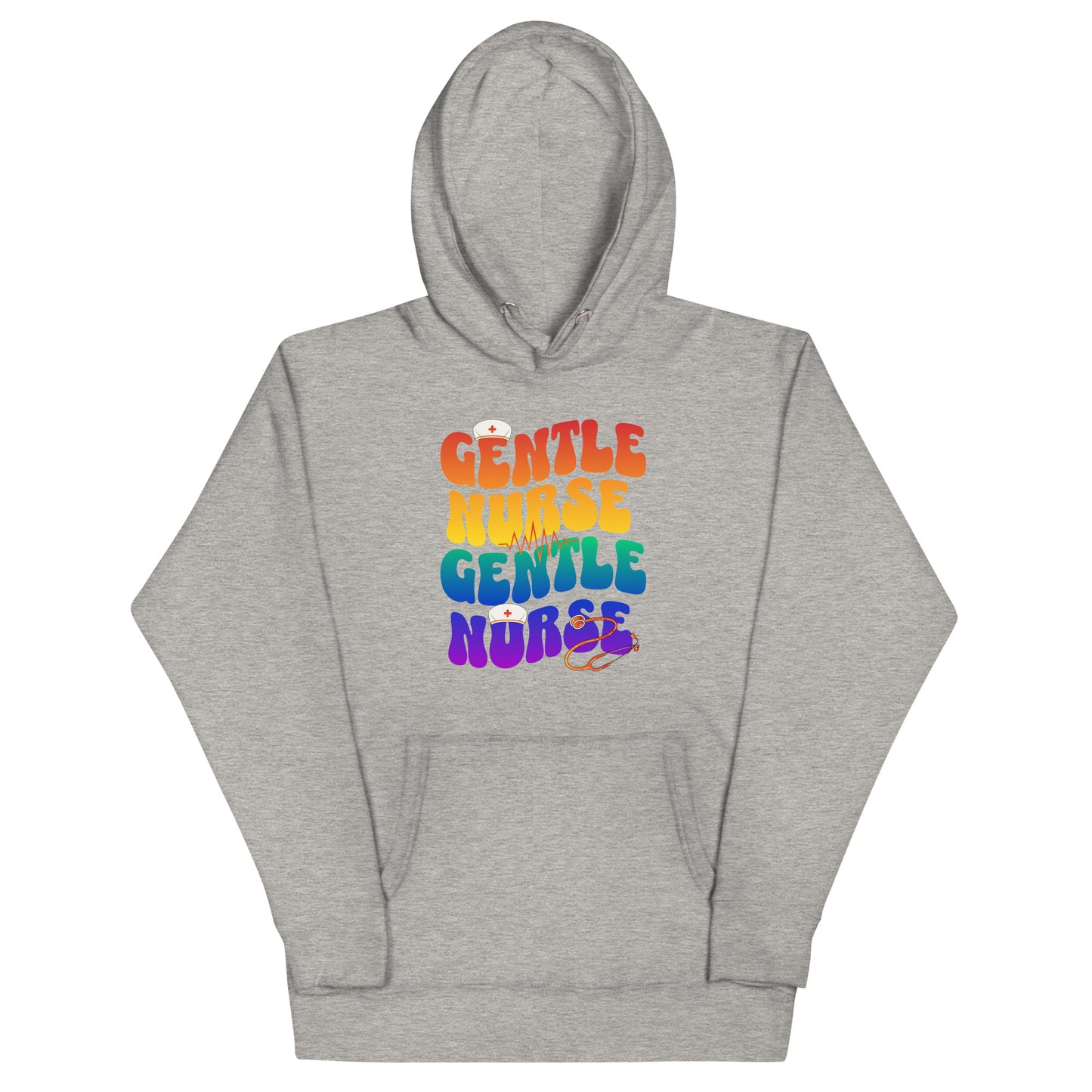 Gentle Nurse unisex hoodie in heather gray with colorful text design, perfect for nursing professionals.